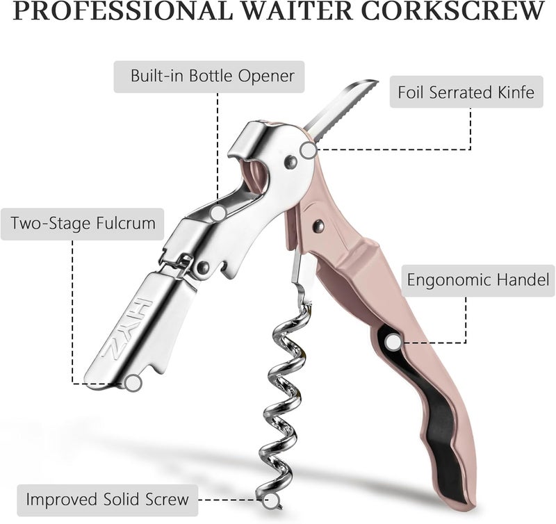 HYZ 2-Pack Wine Opener Waiter Corkscrew, Professional Wine Key for Servers, Bartender with Foil Cutter, Manual Wine Bottle Opener Double Hinged (Dark Pink) - Image 2